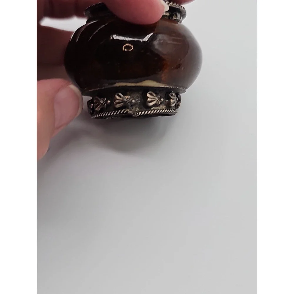Vintage India Amber Glass Trinket Box Silver Tone Hinged Lid Footed Jewelry Box